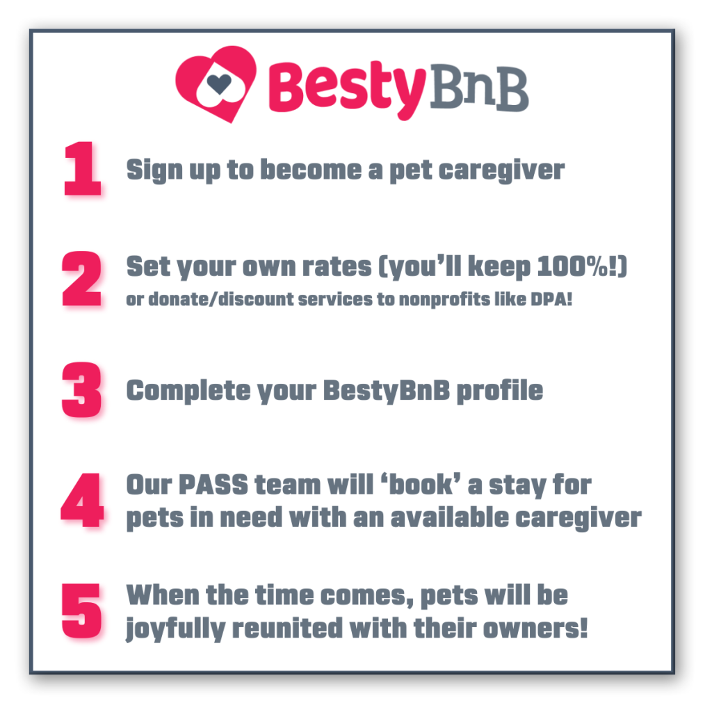 BestyBnB: how the program works.
1. Sign up to become a pet caregiver.
2. Set your own rates (you'll keep 100%!) or donate/discount services to nonprofits like DPA.
3. Complete your BestyBnB profile.
4. Our PASS team will 'book' a stay for pets in need with an available caregiver.
5. When the time comes, pets will be joyfully reunited with their owners!